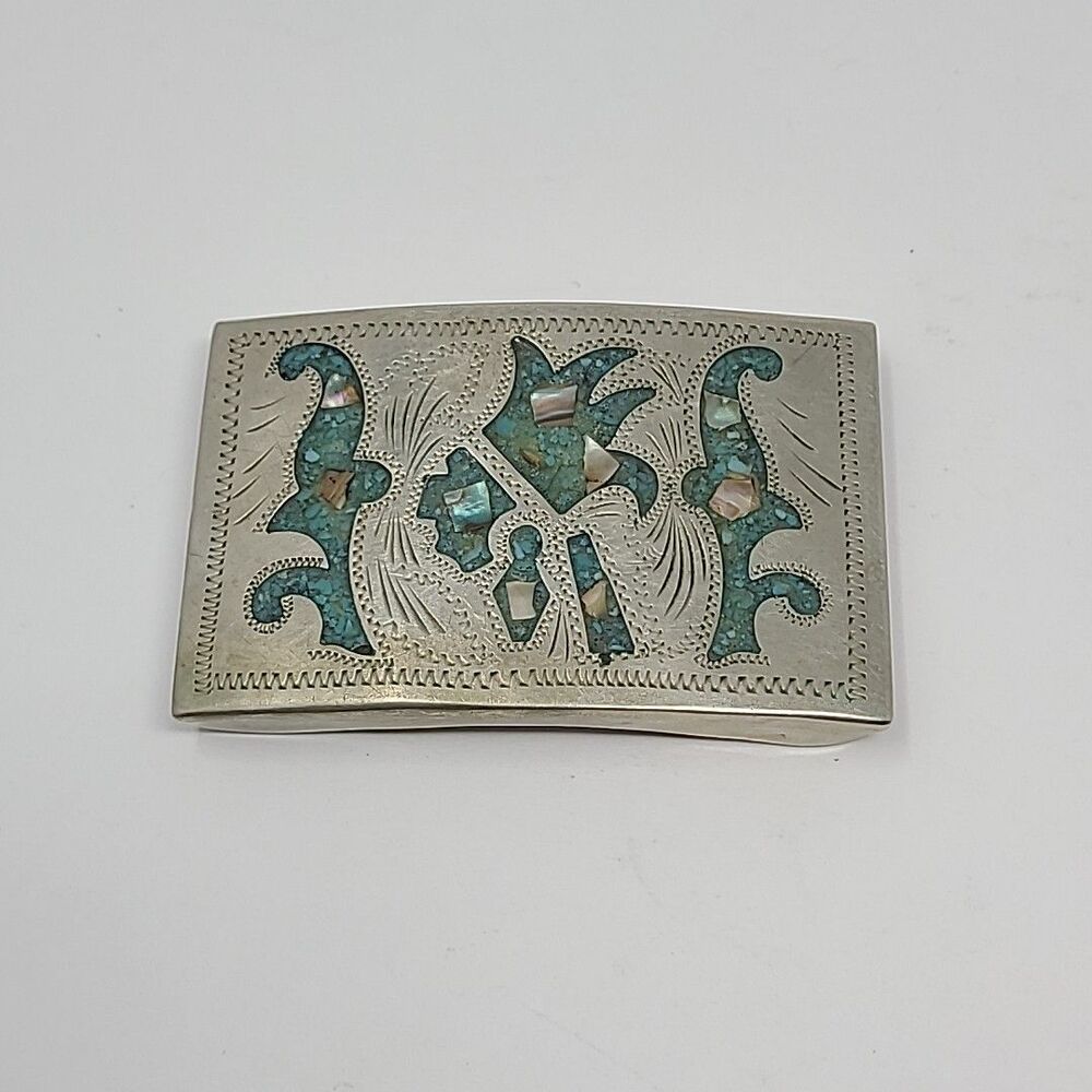 Alpaca Mexico Vintage Handcrafted Silver Belt Buckle With Abalone Turquois Inlay